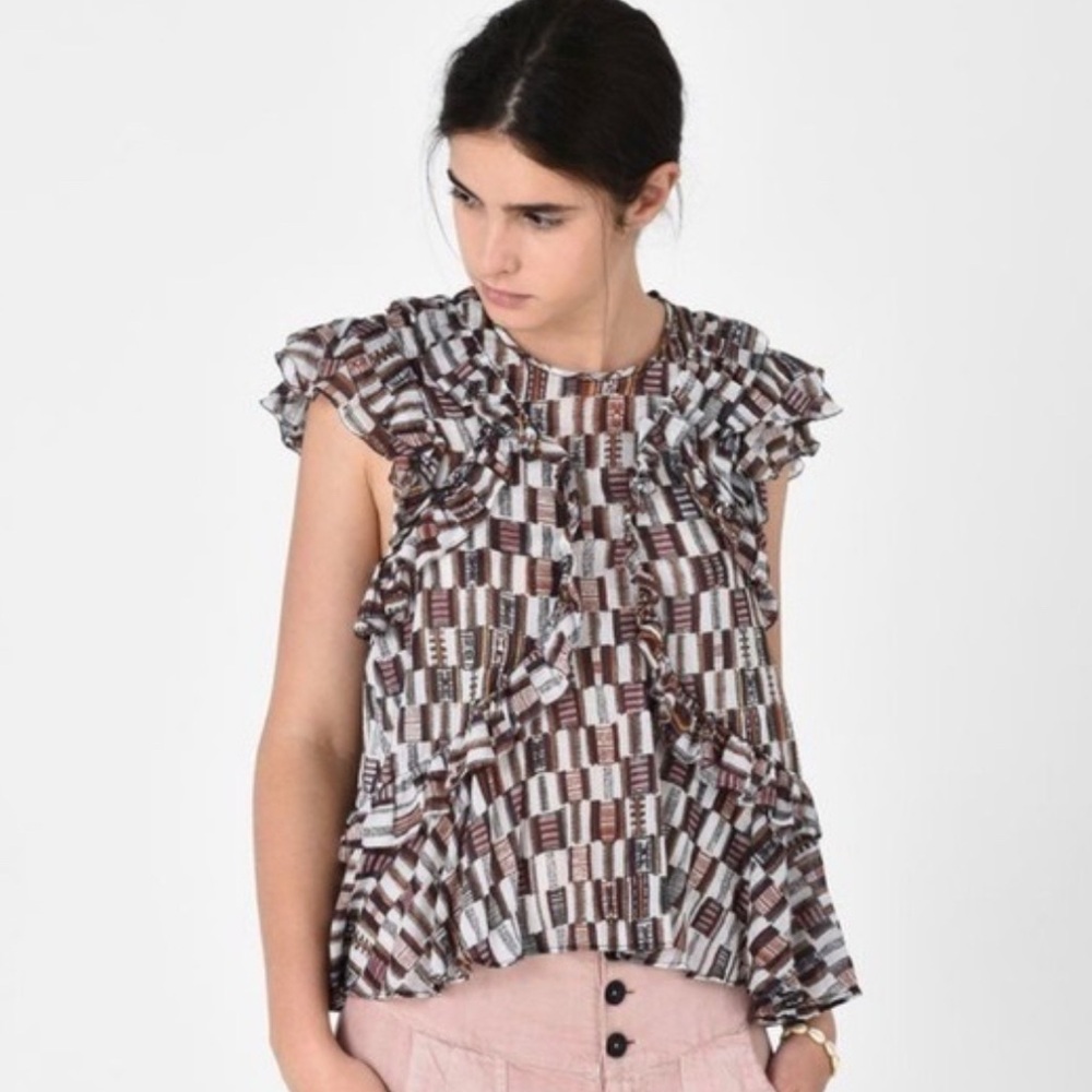 Isabel Marant Ruffled Sleeveless Patterned Blouse Brown White Size 36 or 4 Small